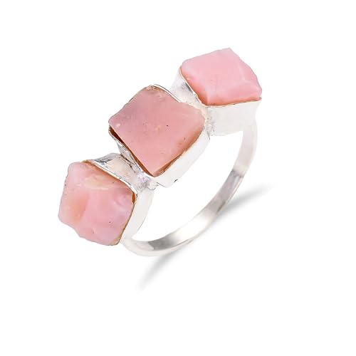 HIMALYA-QUARZ Roher rosa Opal (3 Steine), handgefertigter Ring aus 925er Sterlingsilber Roher rosa Opal (3 Steine) Ring für Frauen und Mädchen RR38-12 von HIMALYA QUARTZ