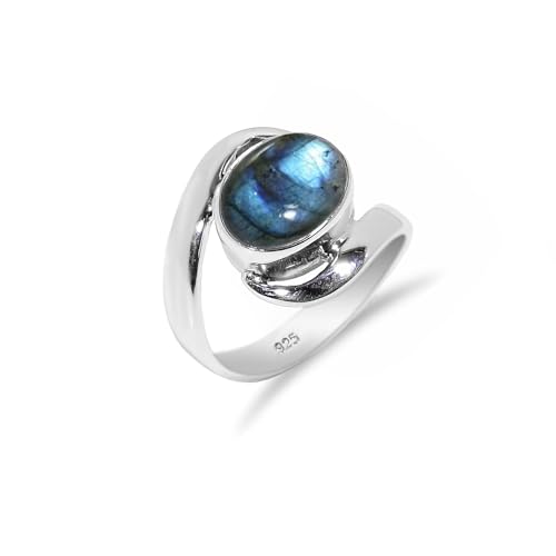 HIMALYA QUARTZ Damen Silber 925 Ring Mit Steinen, Hochzeit Verlobungsring Labradorit Oval 8x10mm HQ-SR21-LBRDT-8 von HIMALYA QUARTZ