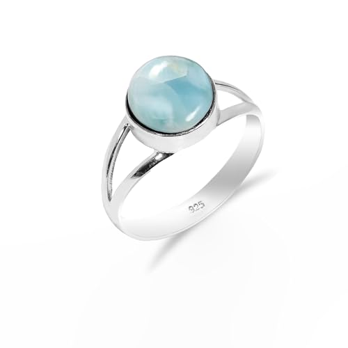 HIMALYA QUARTZ Ring Verlobung Damen 925 Silber Mit Stein Larimar rund 10mm Edilstein Herren Vintage Boho Stil HQ-SR26-LRMR-9 von HIMALYA QUARTZ