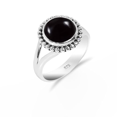 HIMALYA QUARTZ Ring Verlobung Damen 925 Silber Mit Stein Schwarzer Onyx rund 10mm Edilstein Herren Vintage Boho Stil HQ-SR34-BONYX-9.5 von HIMALYA QUARTZ