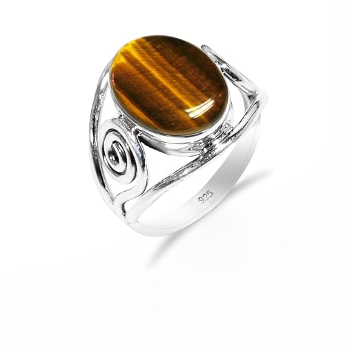 HIMALYA QUARTZ Silber Ringe Damen Mit Stein Natürlicher Edelstein Tigerauge Ringe for Herren Boho Statement Schmuck RH-01-TGRE-7.5 von HIMALYA QUARTZ