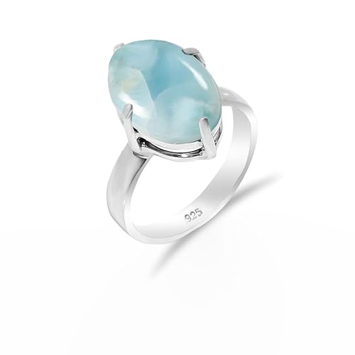Sterling Silber Larimar Edelstein Ring für Frauen Männer zierlicher minimalistischer Stil Vintage handgemachter Ring Hochzeit Verlobung Solitärring RH-02-LRMR-8 von HIMALYA QUARTZ