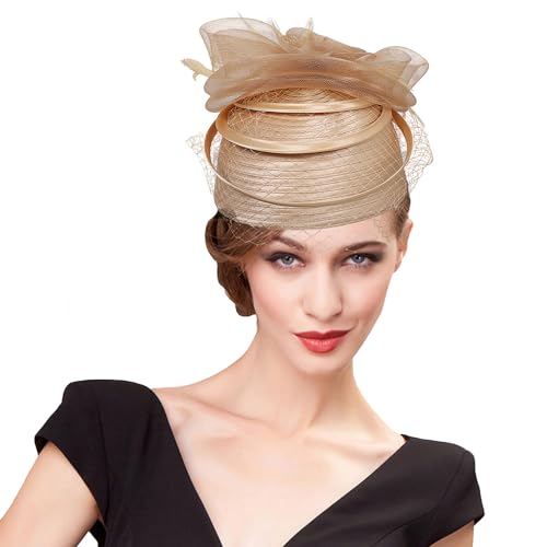 Sinamay Fascinator für Damen, Pillbox, Derby-Hüte, Leinen, Feder mit Schleier, Vintage-Stil, Brautschmuck, Hochzeit, Teeparty, Gold, Medium von HIMESPORT