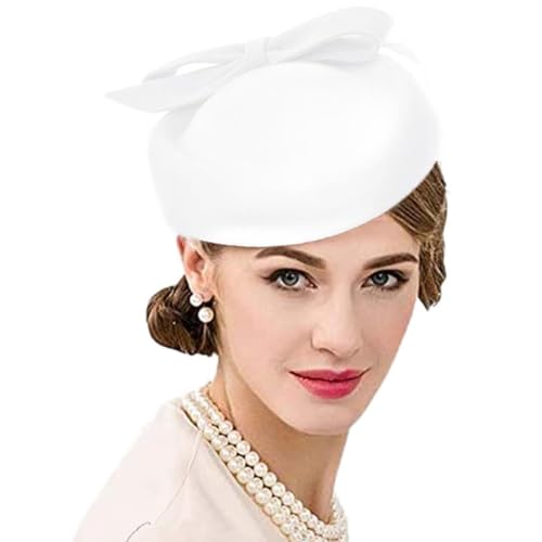 Wollfilz Vintage Fascinator Winter Frauen Elegant Pillbox Hut Bowknot Derby Kirche Hut Retro Fedoras, Weiß (1), Medium von HIMESPORT