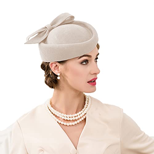 Wollfilz Vintage Fascinator Winter Frauen Elegant Pillbox Hut Schleife Derby Kirche Hut Retro Fedoras, CAMEL, Medium Wollfilz Vintage Fascinator Winter Frauen Elegant Pillbox Hut Schleife Derby Kirche Hut Retro Fedoras, CAMEL, Medium von HIMESPORT