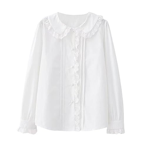 Damen Lolita Langarm Blusen Sweet Lace Peter Pan Kragen Button Down Bluse Solide Vintage Shirt Tops, weiß, L von HIMI HIMIFASHION