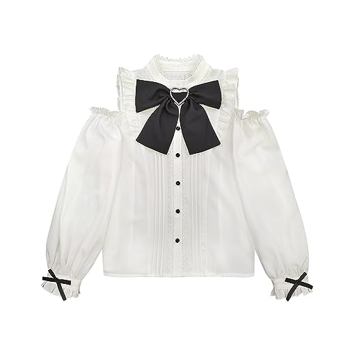 Damen Off Shoulder Tops Japanischer Stil Sweet Bow Button Down Shirt Stand Kragen Langarm Lolita Bluse (as3, Alpha, l, Regular, Regular, White) von HIMI HIMIFASHION