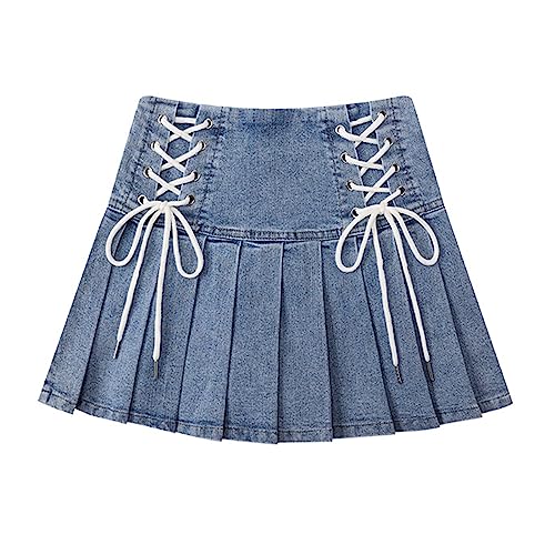 Damen Sommer High Taille Mini Röcke Japanischer Stil Süße Lace Up A-Linie Plissee Casual Denim Short Röcke (as3, Alpha, x_l, Regular, Regular) von HIMI HIMIFASHION