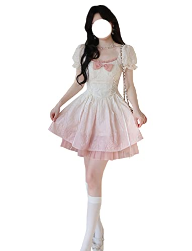 Damen Sommerkleid Süße Schleife Hohe Taille A-Linie Minikleider Puffärmel Farbverlauf Prinzessin Party Kleid, Beige / Pink, Medium von HIMI HIMIFASHION