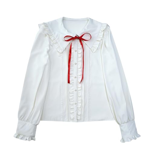 HIMI HIMIFASHION Damen Lolita Langarmshirt Niedliche Katzenohren Seemannskragen Freizeithemden Teen Mädchen Süße Rüschen Button Down Bluse Tops, White, X-Large von HIMI HIMIFASHION