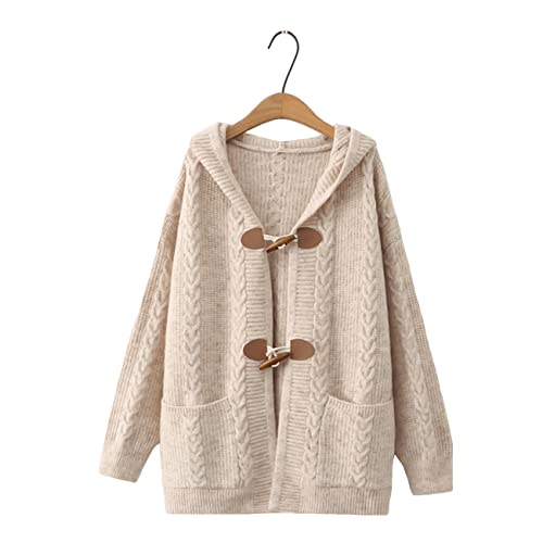 HIMI HIMIFASHION Damen Mädchen Langarm Strickjacke Pullover Cardigans Tops mit Taschen Button Down Kapuze Strickwaren Outwear, khaki, One size von HIMI HIMIFASHION