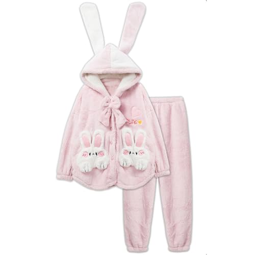 HIMI HIMIFASHION Damen-Schlafanzug-Set, niedlicher Hase, bequem, flauschig, langärmelig, Plüsch, warm, zweiteilig, Loungewear, Nachtwäsche, rose, 42 von HIMI HIMIFASHION