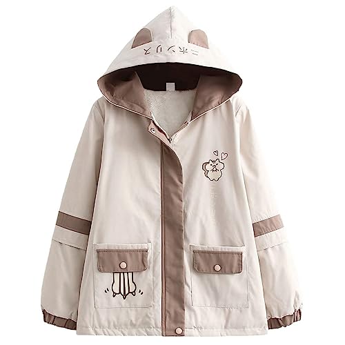 HIMI HIMIFASHION Kawaii-Jacke für Teenager, Mädchen, niedlicher Cartoon-Druck, Patchwork-Kapuzenjacken mit Taschen, locker, warmer Reißverschluss, dick, 38 von HIMI HIMIFASHION