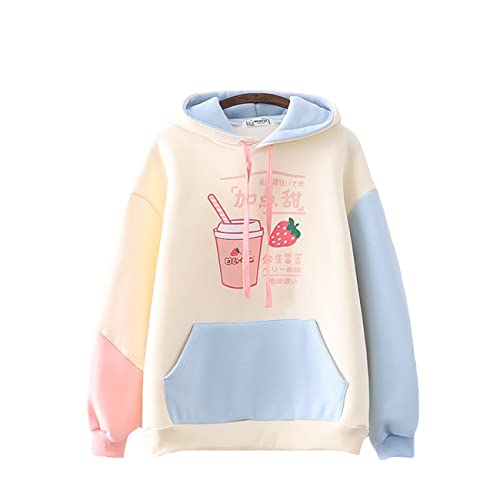 HIMI HIMIFASHION Kawaii Warm Hoodie Mädchen Niedlich Erdbeere Getränke Druck Lose Fleece Kapuzenpullover Sweatshirt Patchwork Casual Pullover Tops, beige, One size von HIMI HIMIFASHION