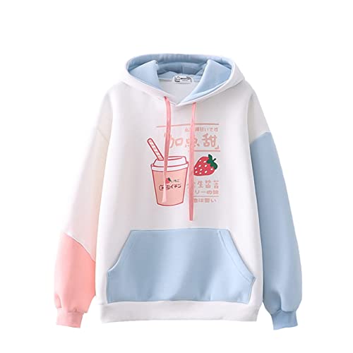 HIMI HIMIFASHION Kawaii Warm Hoodie Mädchen Niedlich Erdbeere Getränke Drucken Lose Fleece Kapuzen Sweatshirt Patchwork Casual Pullover Tops, weiß, One size von HIMI HIMIFASHION