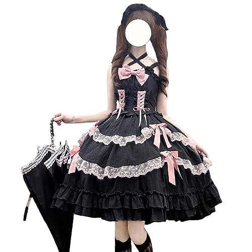 HIMI HIMIFASHION Lolita Straps Prinzessin Kleid Teen Mädchen Sweet Bow Spitze Layered Rüschen Saum Cosplay Kostüm Party Kleider (S, Black) von HIMI HIMIFASHION