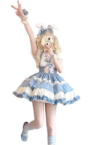 HIMI HIMIFASHION Lolita Süßer kurzer Rock für Teenager, mit Gürtel, elastischer Taille, A-Linie, Strapsrock, blau/weiß, 36 von HIMI HIMIFASHION