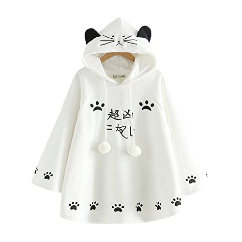HIMI HIMIFASHION Mädchen Kawaii Hooded Cape Cute Cartoon Cat Footprint Embroidery Cloak Coat Japanese Cozy Warm Outwear Loose Pullover Hoodie, weiß, One size von HIMI HIMIFASHION