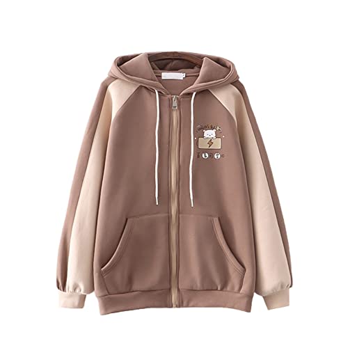 HIMI HIMIFASHION Mädchen Niedlicher Kapuzenpullover Sweatshirt Kawaii Bär Print Langarm Fleece Hoodies mit Taschen Lose Reißverschluss Kapuzenmantel, braun, 42 von HIMI HIMIFASHION