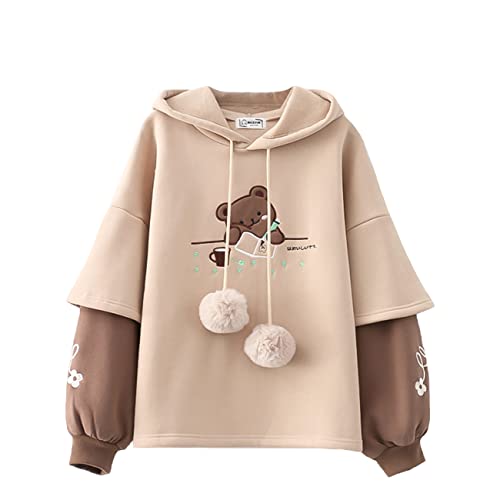 HIMI HIMIFASHION Niedlicher Fleece-Kapuzenpullover für Teenager, Mädchen, Kawaii, Comic-Bär, Stickerei, falsch, zweiteilig, lässig, Sweatshirt, lockerer Pullover, Kapuzenoberteile, khaki, One size von HIMI HIMIFASHION