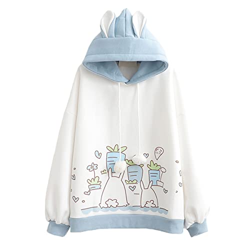 HIMI HIMIFASHION Niedlicher Kapuzenpullover für Teenager Mädchen Kawaii Cartoon Druck Langarm Warm Kapuzenpullover Sweatshirt Lose Pullover Fleece Hoodies, blau, One size von HIMI HIMIFASHION