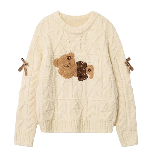 HIMI HIMIFASHION Niedlicher Strickpullover für Damen, Kawaii-Bär-Stickerei, Rundhalsausschnitt, grobe Strickwaren, Pullover, Tops, beige, M von HIMI HIMIFASHION