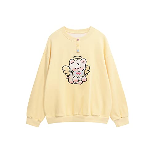 HIMI HIMIFASHION Niedliches Sweatshirt für Teenager, Mädchen, Kawaii-Welpen, Stickerei, langärmelig, Fleece-Pullover, Tops, einfarbig, lässige Sweatshirts, Yellow, 42 von HIMI HIMIFASHION