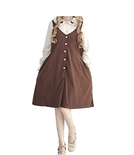 HIMI HIMIFASHION Niedliches ärmelloses Kleid für Teenager, Kawaii-Bär, elastische Taille, Freizeitkleider mit Taschen, V-Ausschnitt, einfarbiges Overallkleid, braun, Einheitsgröße von HIMI HIMIFASHION