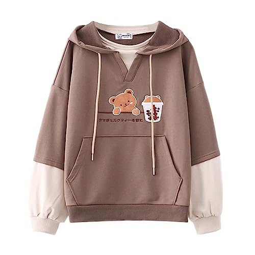 HIMI HIMIFASHION Süßer Kapuzenpullover für Teenager-Mädchen, Kawaii-Milchtee-Bär-Stickerei, Kapuzen-Sweatshirt, Patchwork, lockerer Pullover, Hoodies, Tops für Frühling und Herbst, braun, One size von HIMI HIMIFASHION