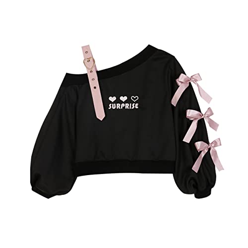 HIMI HIMIFASHION Teenager Mädchen Langarm Sweatshirt Cute Heart Stickerei Sweatshirt Schnürung Off Shoulder Crop Top Casual Loose Pullover, Schwarz , 38 von HIMI HIMIFASHION