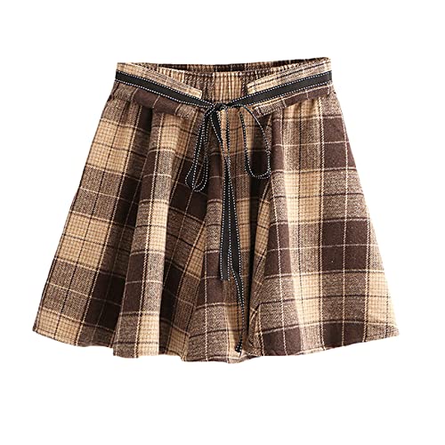 HIMI HIMIFASHION Teens Mini Rock Vintage Schnürung Hohe Taille Wolle Schule Mädchen Rock Japanisch ausgestellter A-Linie Plaid Faltenrock, braun, Einheitsgröße von HIMI HIMIFASHION