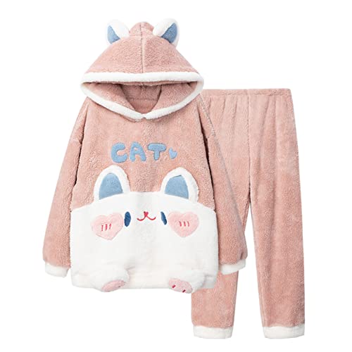 HIMI HIMIFASHION Warmer Damen-Schlafanzug-Set, niedliche Katze, Cartoon, Flanell, Nachtwäsche, Mädchen, Kawaii-Pyjama, gemütlich, weiche Kapuze, Loungewear, Nachtwäsche, rose, 46 von HIMI HIMIFASHION