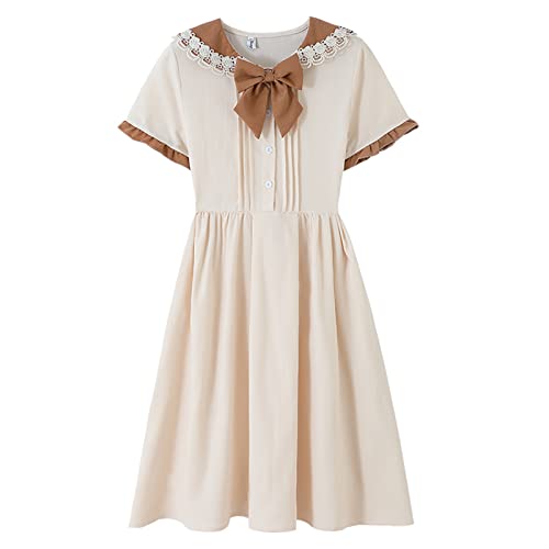 Japanischer Stil Süßes Sommerkleid für Teenager Mädchen Niedliche Puppenkragen Schleife Lose Freizeit Kurzarm Kleider, beige, Medium von HIMI HIMIFASHION