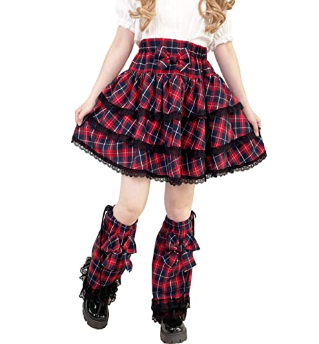 Karierter A-Linien-Rock für Damen Harajuku Lolita Spitze abgestufter kurzer Rock Mädchen elastischer ausgestellter Faltenrock mit hoher Taille von HIMI HIMIFASHION