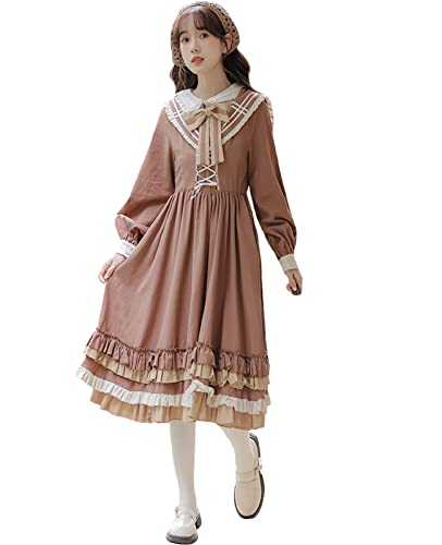 Lolita Kleid für Damen Mädchen Vintage Langarm Hohe Taille A-Linie Gefälschte Zweiteilige Kleider Süß Rüschen Casual Swing Kleid, braun, L von HIMI HIMIFASHION