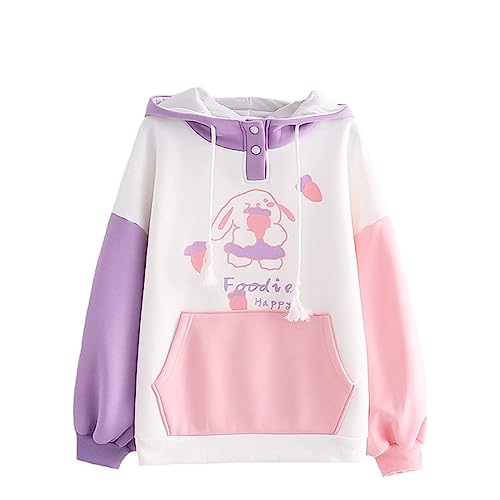 Niedlicher Kapuzenpullover für Teenager und Mädchen, Kawaii-Hasen-Druck, Farbblock, Kapuzenpullover, lose Fleece-Pullover, Hoodies mit Tasche, violett, One size von HIMI HIMIFASHION