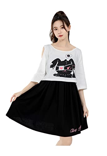 Sommerkleid für Damen, Mädchen, niedlicher Hasen-Druck, zweiteiliges Set, A-Linie, Kleider, halbe Ärmel, lässiges Swing-Kleid, schwarz / weiß, 38 von HIMI HIMIFASHION