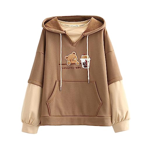 Süßer Kapuzenpullover Sweatshirt Teen Mädchen Kawaii Bär Stickerei Pullover Kapuzenoberteile gefälschte zweiteilige plus Samt lose Hoodies, braun, One size von HIMI HIMIFASHION