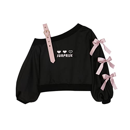 HIMI HIMIFASHION Teenager Mädchen Langarm Sweatshirt Cute Heart Stickerei Sweatshirt Schnürung Off Shoulder Crop Top Casual Loose Pullover, Schwarz , 36 von HIMI HIMIFASHION