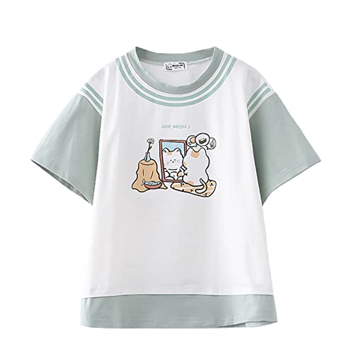 Teens Japanischer Stil Niedliches T-Shirt Mädchen Kawaii Katze Print Kurzarm T-Shirts Lose Sommer Pullover Tops, weiß, Einheitsgröße von HIMI HIMIFASHION