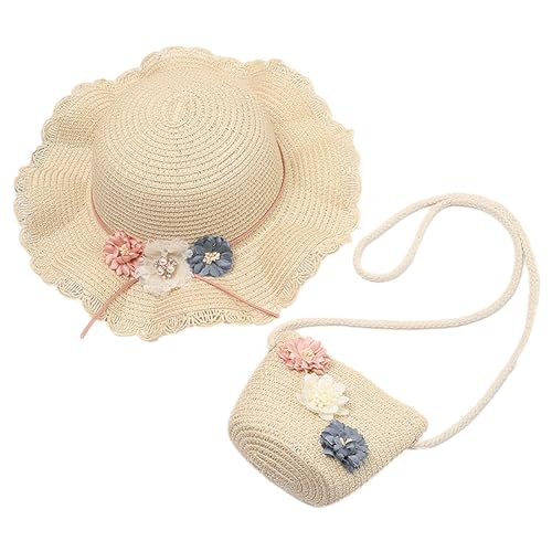 HIMKI Strohhut Mädchen Strohhut mit Tasche Kinder Sonnenhut Süßer Sommer Strandhut + Strohtasche für Mädchen Reisehut mit Blumendeko für Urlaub Reise Outdoor, Kopfumfang: 52-54 cm (Stroh, Beige) von HIMKI
