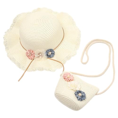 HIMKI Strohhut Mädchen Strohhut mit Tasche Kinder Sonnenhut Süßer Sommer Strandhut + Strohtasche für Mädchen Reisehut mit Blumendeko für Urlaub Reise Outdoor, Kopfumfang: 52-54 cm (Stroh, Weiß) von HIMKI