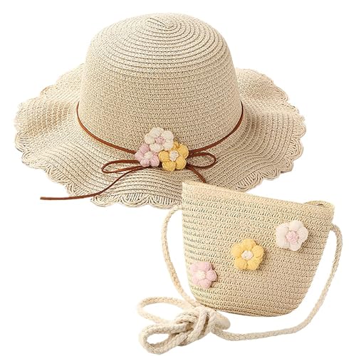 HIMKI Strohhut Tasche Set Kinder Sonnenhut Süßer Sommer Strandhut + Strohtasche für Mädchen Reisehut mit Blumendeko für den Urlaub Reise Outdoor, Kopfumfang: 52-54 cm (Stroh, Beige-B) von HIMKI