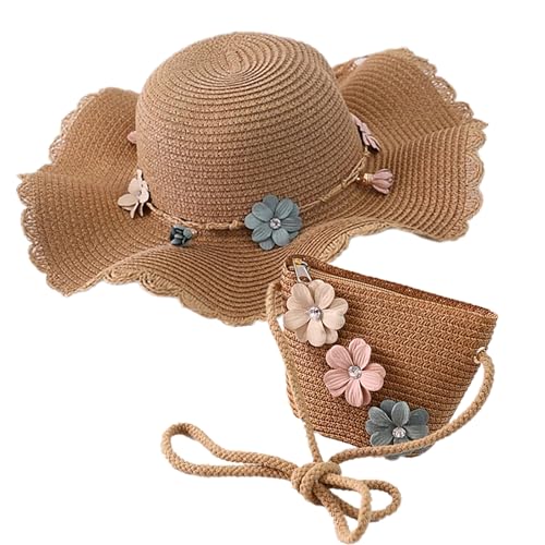HIMKI Strohhut Tasche Set Kinder Sonnenhut Süßer Sommer Strandhut + Strohtasche für Mädchen Reisehut mit Blumendeko für den Urlaub Reise Outdoor, Kopfumfang: 52-54 cm (Stroh, Kaffee) von HIMKI