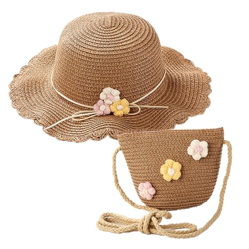 HIMKI Strohhut Tasche Set Kinder Sonnenhut Süßer Sommer Strandhut + Strohtasche für Mädchen Reisehut mit Blumendeko für den Urlaub Reise Outdoor, Kopfumfang: 52-54 cm (Stroh, Kaffee-B) von HIMKI