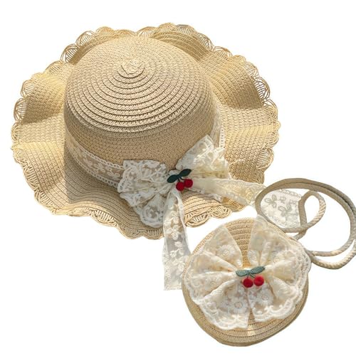 HIMKI Strohhut mit Kleine Tasche-Set Neuer Sommer Sonnenhut für Mädchen, Kinderstrohhut Süßer Strandhut mit Blumendeko für den Urlaub Reise Outdoor, Kopfumfang: 53-55 cm (Beige-A) von HIMKI