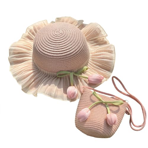 HIMKI Strohhut mit Kleine Tasche-Set Neuer Sommer Sonnenhut für Mädchen, Kinderstrohhut Süßer Strandhut mit Blumendeko für den Urlaub Reise Outdoor, Kopfumfang: 53-55 cm (Rosa-B) von HIMKI
