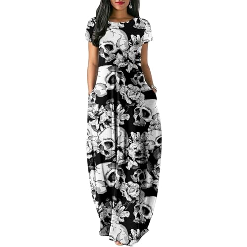 HIMKSRE Damen-Kurzarmkleid mit Blumen- und Totenkopf-Print, langes Kleid, lässig, locker, mit Doppeltasche, Strandurlaub(4,M) von HIMKSRE