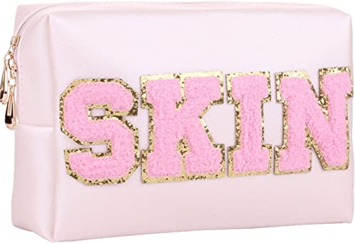 Damen Reise Kosmetiktasche Klein, Skin Buchstabe PU Leder Tragbar Wasserdicht Make Up Tasche, Aufbewahrungstasche Patch Letter Ausflüge Kompatible Schminktasche für Frauen Mädchen Geschenk (01-Pink) von HIMS