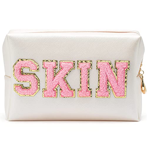 Damen Reise Kosmetiktasche Klein, Skin Buchstabe PU Leder Tragbar Wasserdicht Make Up Tasche, Aufbewahrungstasche Patch Letter Ausflüge Kompatible Schminktasche für Frauen Mädchen Geschenk (01-White) von HIMS